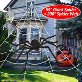 200" Halloween Spider Web + 59" Giant Spider Decorations Fake Spider
