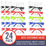 24 Pack of Safety Glasses (24 Protective Goggles in 6 Different Colors) Crystal Clear Eye Protection - Perfect for Construction, Shooting