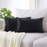 Top Finel Decorative Throw Pillow Covers with Pom Poms Soft Particles Velvet Solid Cushion Covers 12 X 20 for Couch Bedroom Car, Pack of 2, Black