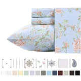 400-Thread-Count 100% Pure Cotton Sheets - 3 Pc Light Blue w Floral Antique Rose Twin Printed Bed Sheet Set,, Fits Mattress Upto 17'' Deep Pocket